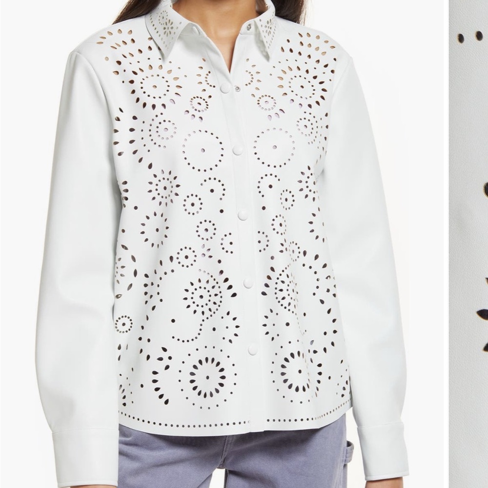 White Eyelet Button-Up Faux Leather Jacket